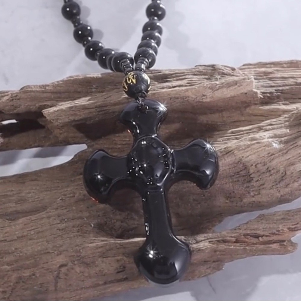 1pc Black Religious Christian Cross Fashion Obsidian Style Pendant Necklace - Picture 7 of 15